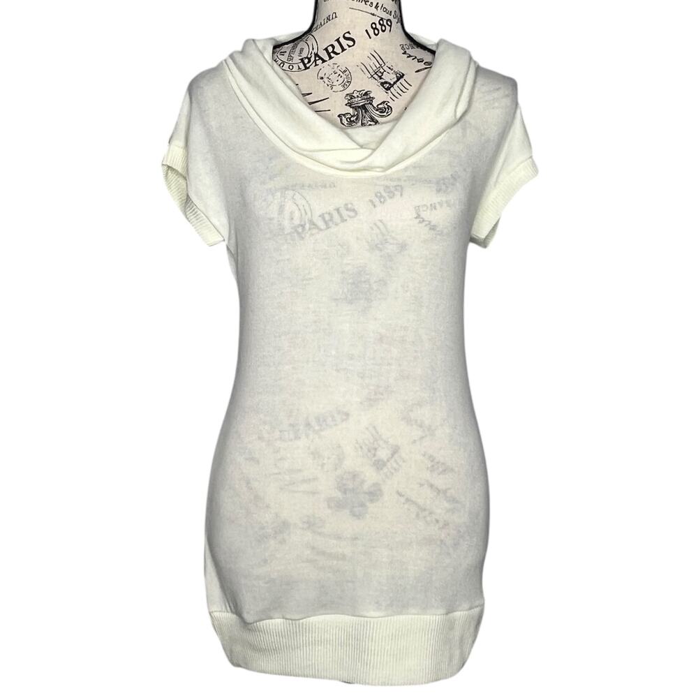 poof! (M) Cowl Neck Short Sleeve Ribbed Cuff Wide Hem Long Tunic Knit Top